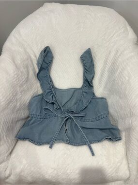 SHEIN Light Blue Ruffled Tie-Front Denim-Look Crop Camisole